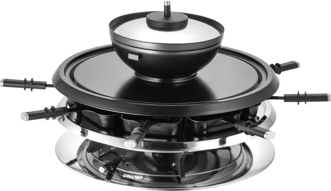 Unold Gourmetstel 8 fonduevorkjes, 8 pannen, Anti-aanbaklaag, Traploze temperatuurregeling RVS, Zwart