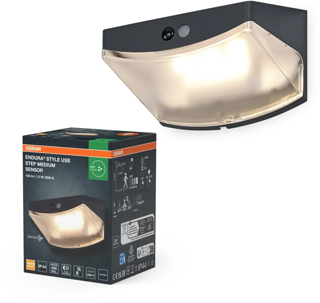 Osram Endura Style USB Wall Step M Sensor IP44 - Warm wit 3000K - Donkergrijs