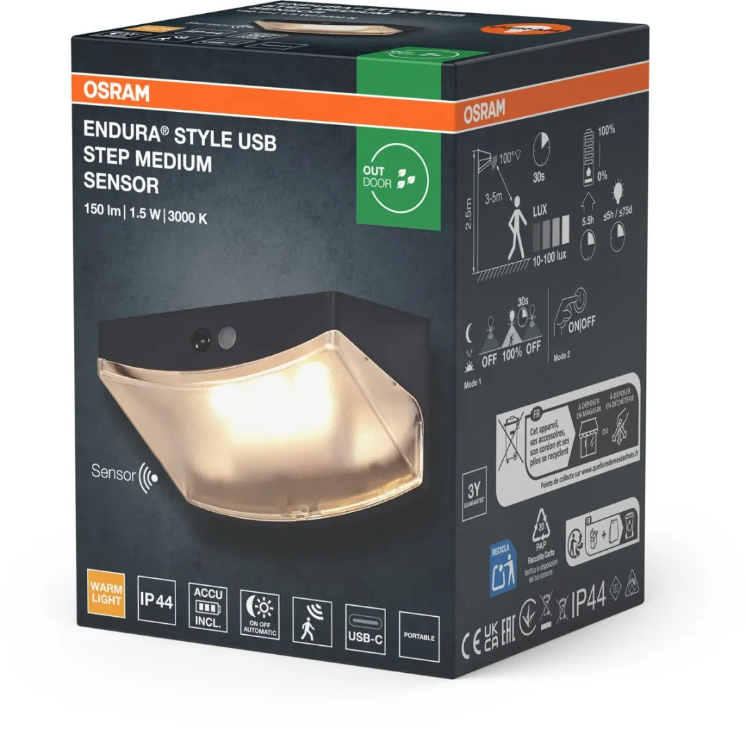 Osram Endura Style USB Wall Step M Sensor IP44 - Warm wit 3000K - Donkergrijs