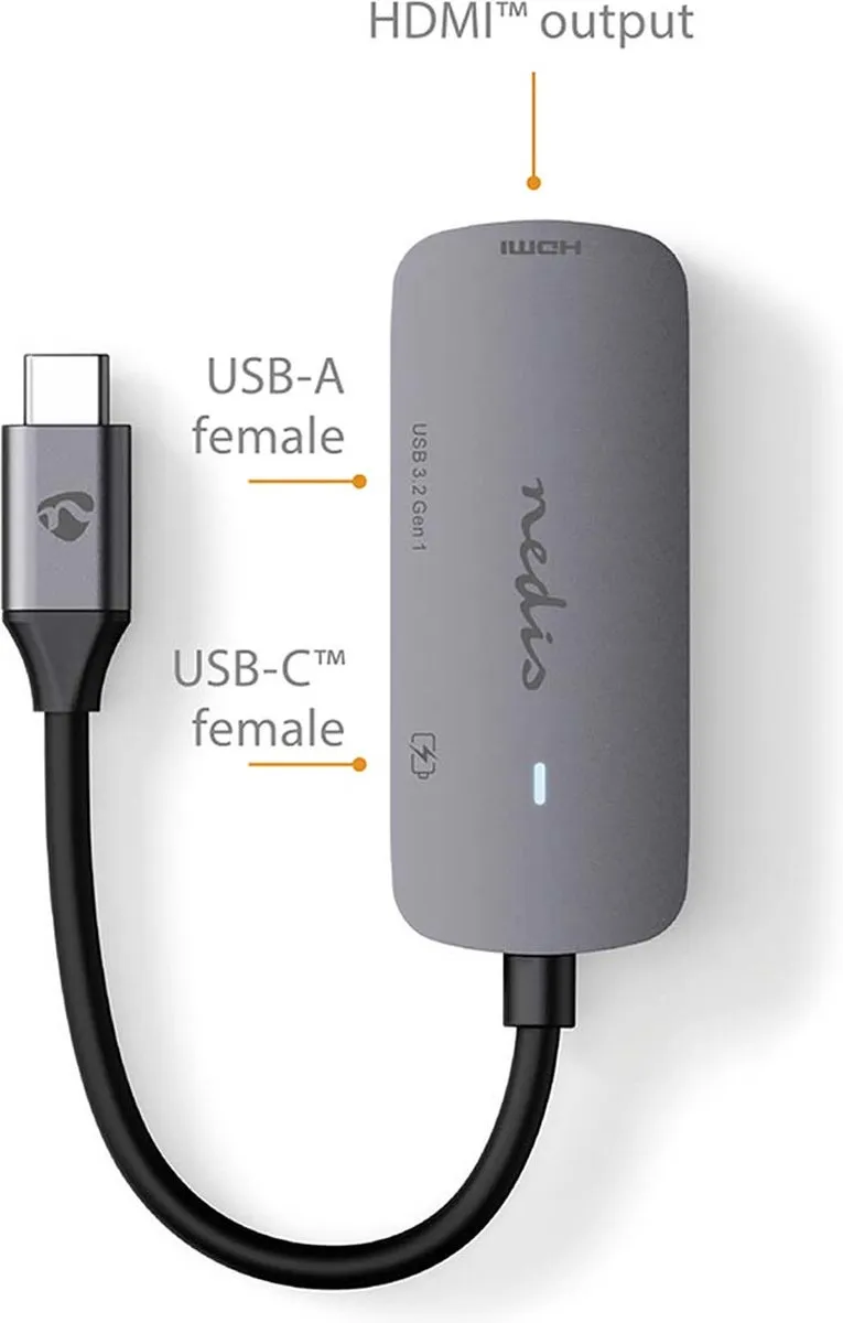 Nedis USB Multi-Port Adapter - 3-in-1 - USB 3.2 Gen 1 - USB-C Male - HDMI Output / USB-A Female / USB-C Female - 5 Gbps - 0.10 m - Rond - Vernikkeld - PVC - Grijs - Doos