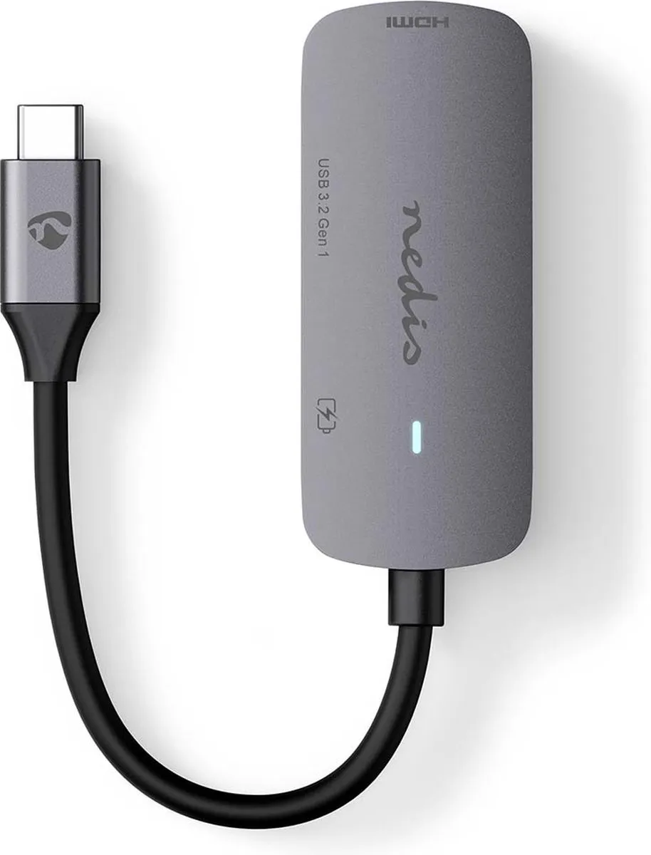 Nedis USB Multi-Port Adapter - 3-in-1 - USB 3.2 Gen 1 - USB-C Male - HDMI Output / USB-A Female / USB-C Female - 5 Gbps - 0.10 m - Rond - Vernikkeld - PVC - Grijs - Doos
