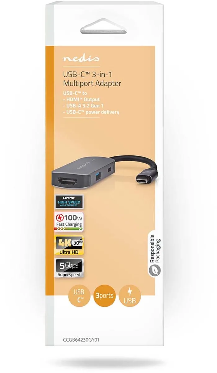 Nedis USB Multi-Port Adapter - 3-in-1 - USB 3.2 Gen 1 - USB-C Male - HDMI Output / USB-A Female / USB-C Female - 5 Gbps - 0.10 m - Rond - Vernikkeld - PVC - Grijs - Doos