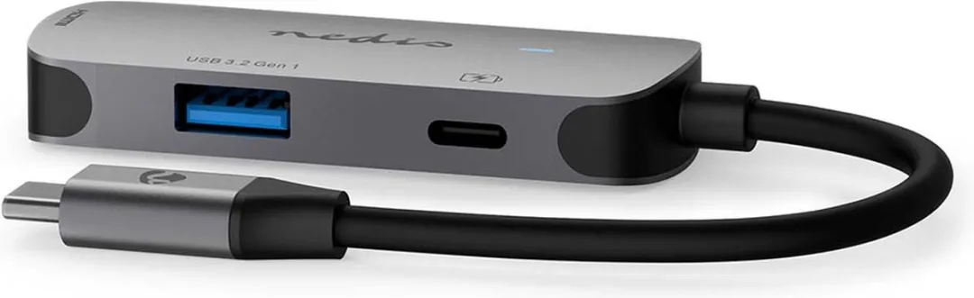 Nedis USB Multi-Port Adapter - 3-in-1 - USB 3.2 Gen 1 - USB-C Male - HDMI Output / USB-A Female / USB-C Female - 5 Gbps - 0.10 m - Rond - Vernikkeld - PVC - Grijs - Doos