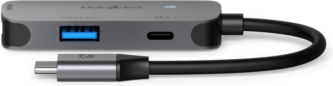 Nedis USB Multi-Port Adapter - 3-in-1 - USB 3.2 Gen 1 - USB-C Male - HDMI Output / USB-A Female / USB-C Female - 5 Gbps - 0.10 m - Rond - Vernikkeld - PVC - Grijs - Doos