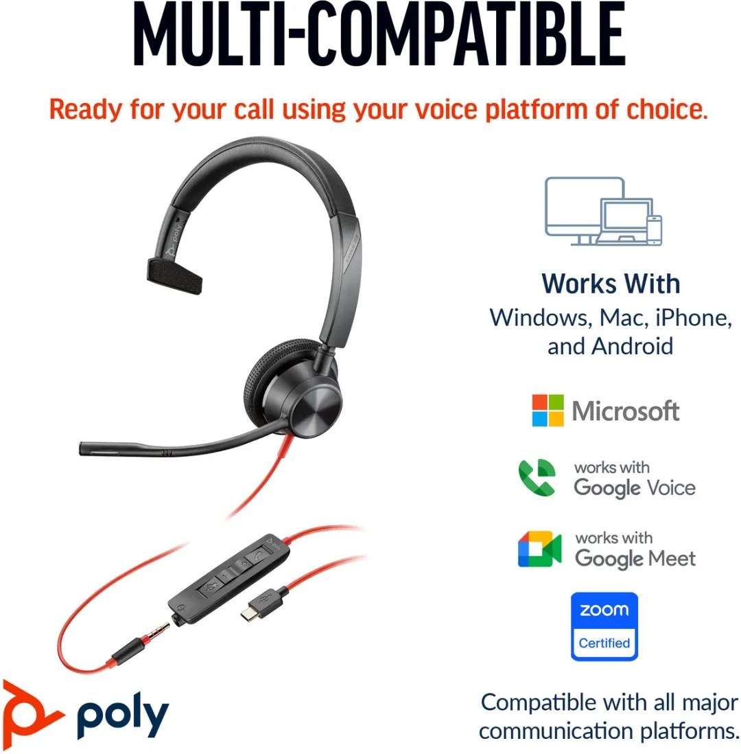 HP Poly Blackwire C3315 Headset - Mono - Zwart
