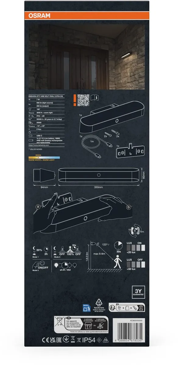 Osram Endura Style USB Volt Oval Sensor IP54 - Warm wit licht - Donkergrijs