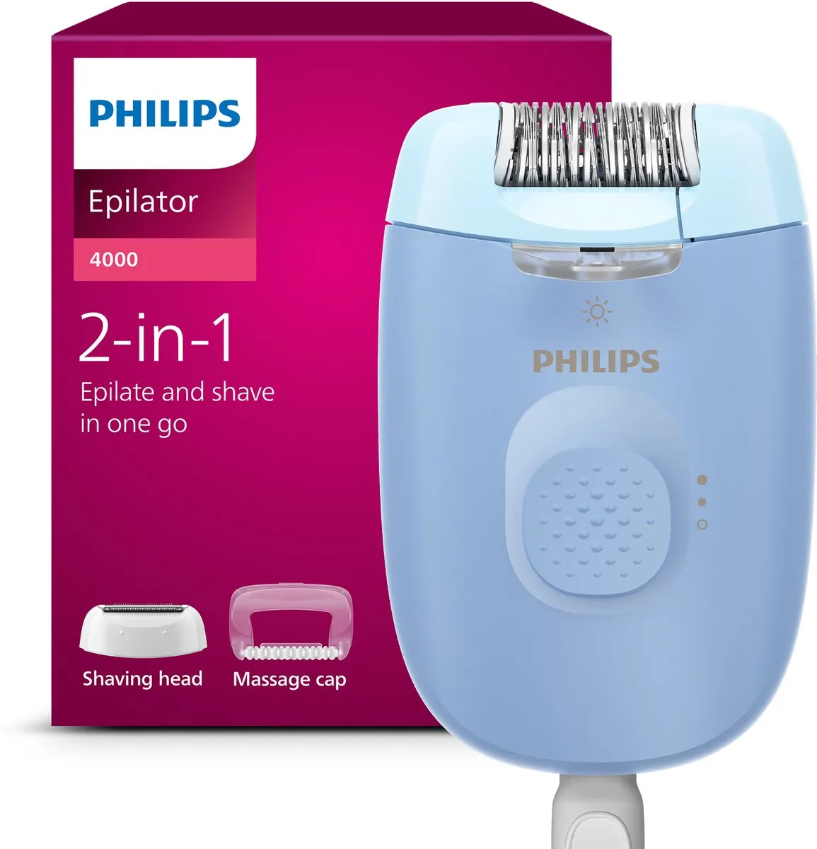 Philips Series 4000 Epilator en scheerapparaat - langdurig haarvrij - Blauw - Met snoer en LED lamp - BRE247/00