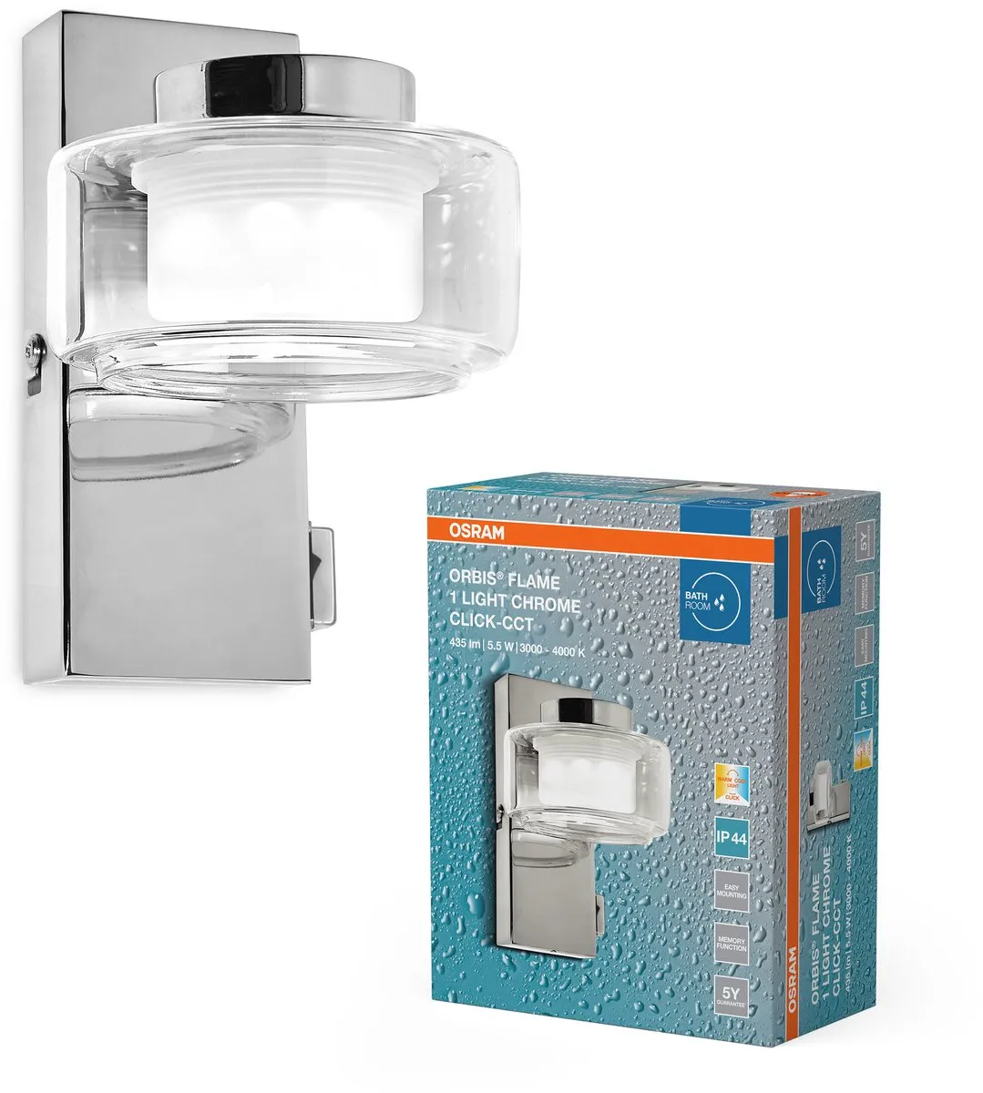 Osram Orbis Flame Wandlamp LED 5,5W 350lm - Instelbaar wit - IP44 Chroom