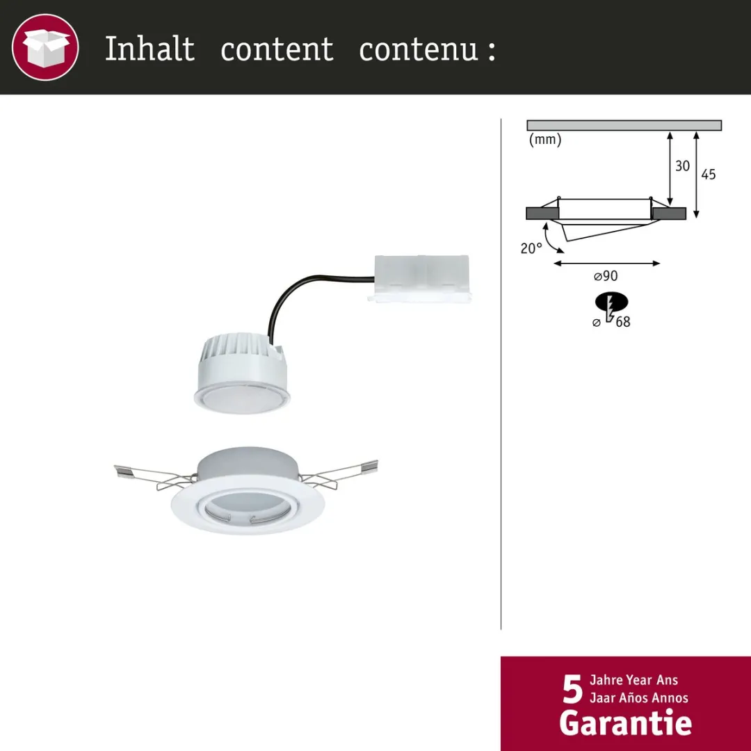 Paulmann Base Coin LED-inbouwlamp 5W 370lm 90mm - Wit - afbeelding 6 van 6