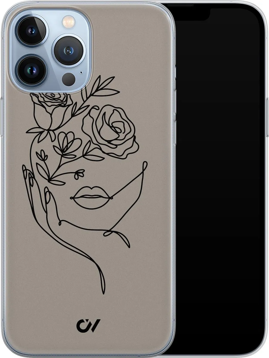 Casevibes iPhone 13 Pro Max Hoesje - Grijs Oneline Face Flower