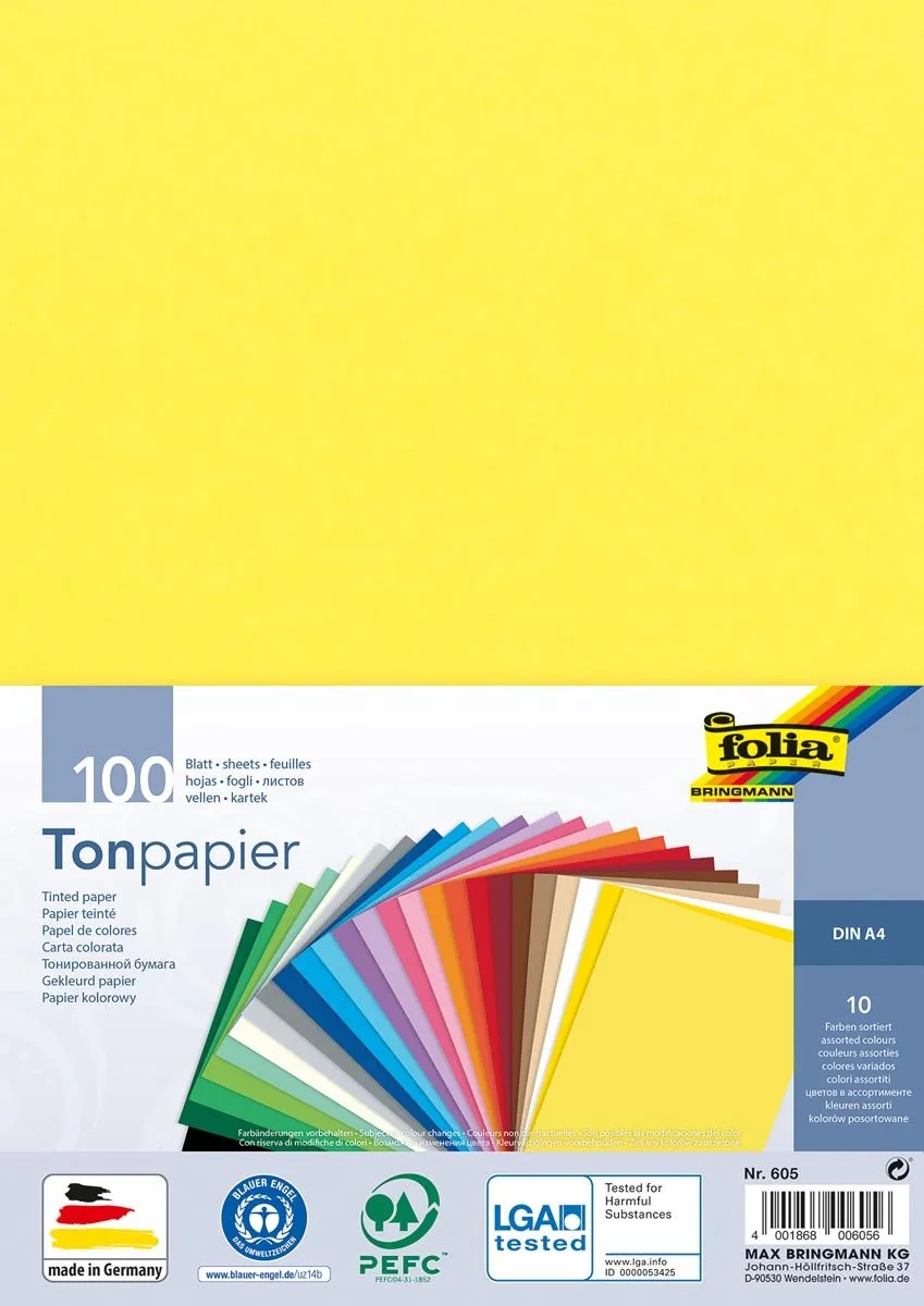 Folia Gekleurd Tekenpapier A4 - 10 Kleuren - 10 Stuks