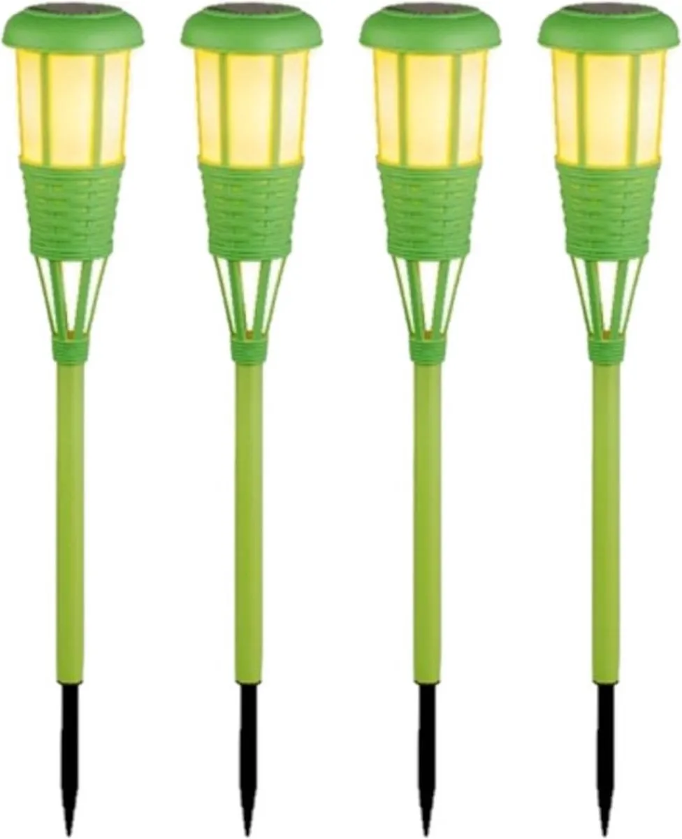 4x stuks solar tuinfakkel/tuinlamp groen op zonne-energie 61 cm - Prikspots tuinverlichting