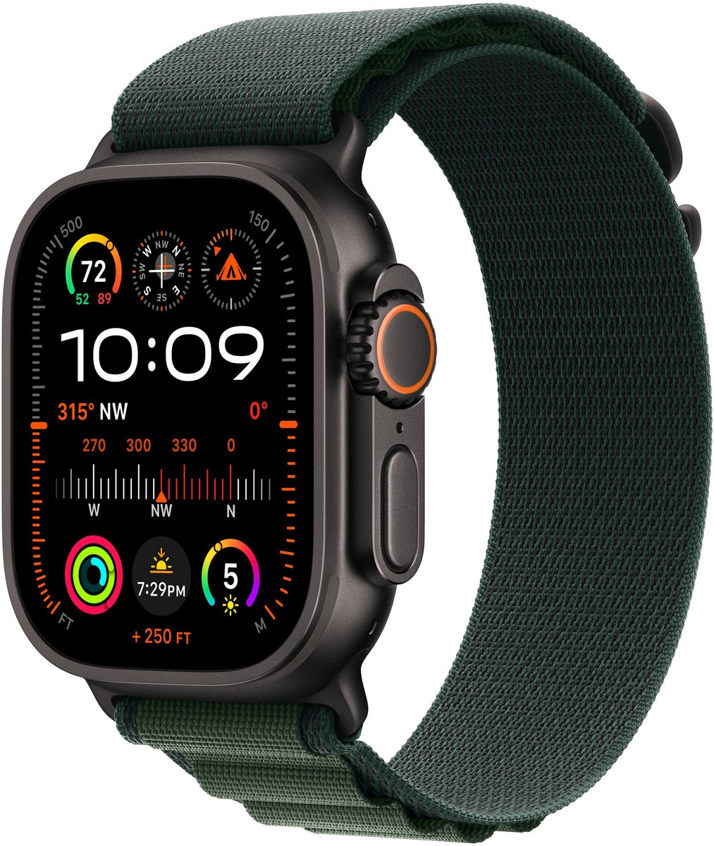 Apple Watch Ultra 2 GPS + Cellular - 49mm - Zwarte Titanium Case met Dark Green Alpine Loop - Small