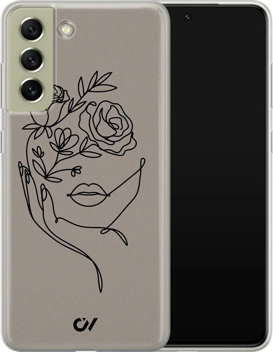 Casevibes Samsung Galaxy S21 FE Hoesje - Grijs - Oneline Face Flower
