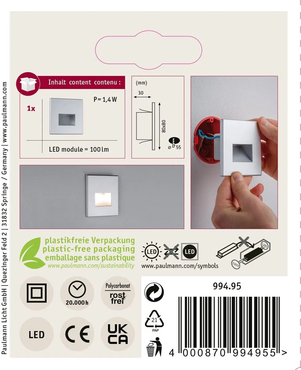 Paulmann Edge LED Wandinbouwlampen Set 3 - Chroom Mat - 2700K