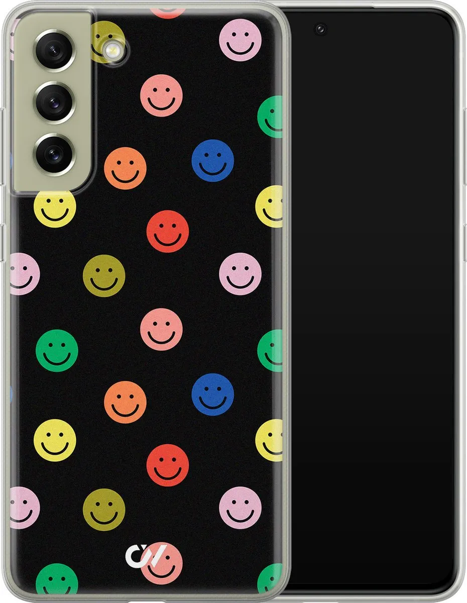 Casevibes Samsung Galaxy S21 FE Hoesje - Retro Smileys - Zwart