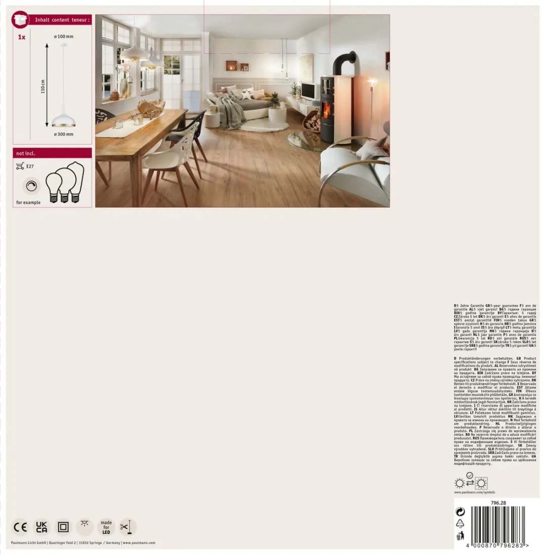 Paulmann Embla Hanglamp E27 20W - Wit mat, Goud - afbeelding 6 van 6