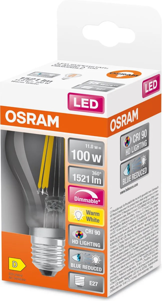 Osram E27 LED 11W 2700K Warm Wit - 1521 Lm - Helder Glas