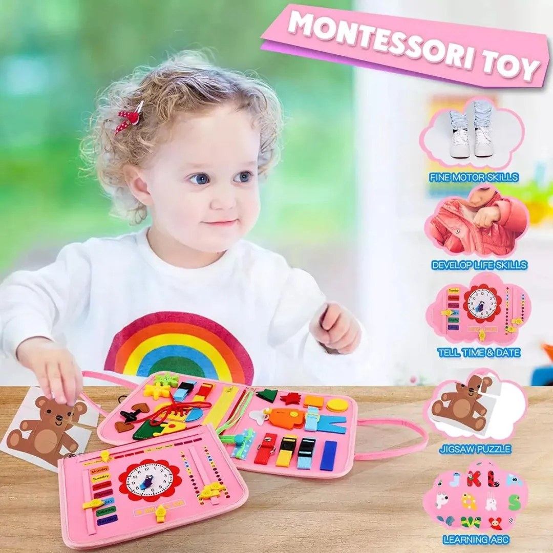 EverToys Busy Board - 4-delige vaardigheden - Klok lezen - Montessori - Motoriek Map voor Thuis en Onderweg - Leren Veter Strikken - Activiteitenbord - 25 Zelfkleden Vaardigheden Kinderen - Educatief Spel - Roze