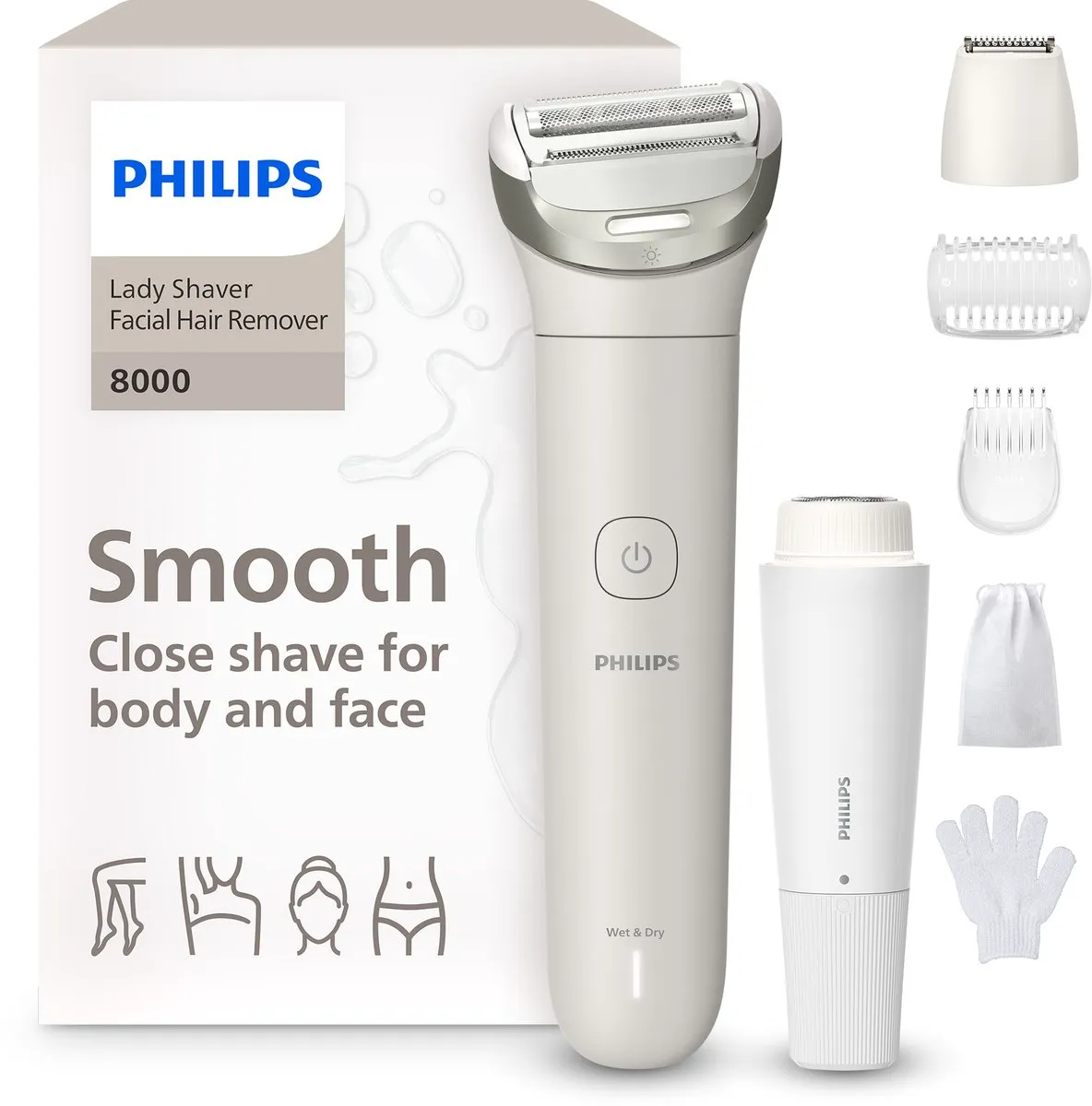 Philips Series 8000 Ladyshave | Een gladde scheerbeurt, zelfs op moeilijk bereikbare plekken | Met gezichtshaartrimmer, ingebouwd LED-lampje, 2 snelheidsstanden en 5 accessoires | Wit| BRL159/00