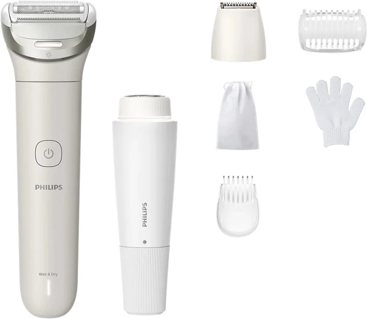Philips Series 8000 Ladyshave | Een gladde scheerbeurt, zelfs op moeilijk bereikbare plekken | Met gezichtshaartrimmer, ingebouwd LED-lampje, 2 snelheidsstanden en 5 accessoires | Wit| BRL159/00