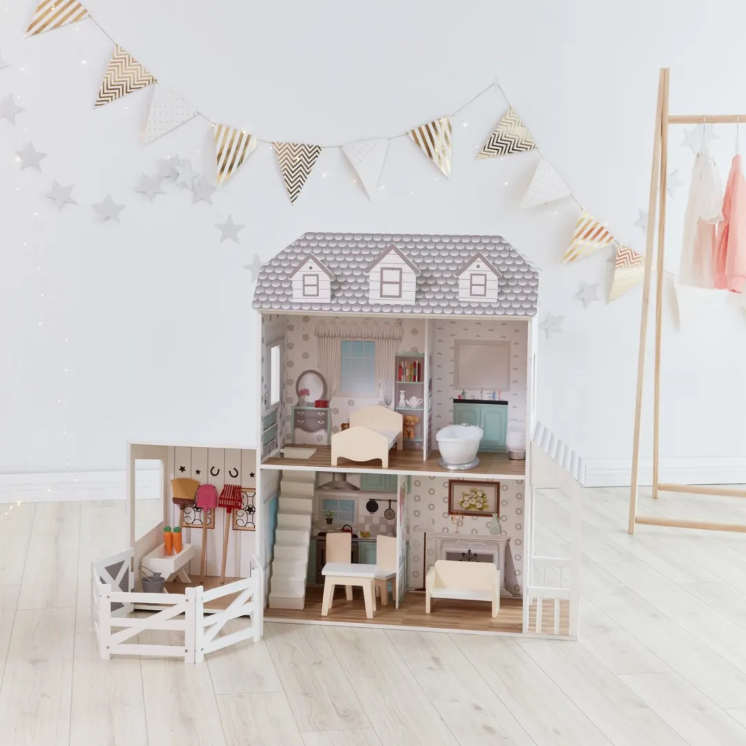 Teamson Kids Houten Poppenhuis Wit/Grijs - 14 Meubels