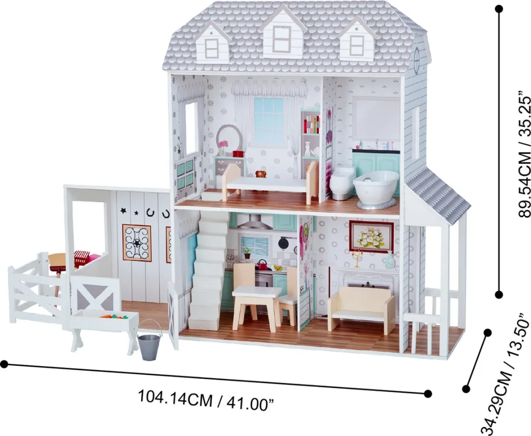 Teamson Kids Houten Poppenhuis Wit/Grijs - 14 Meubels