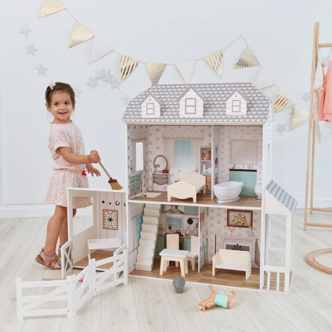 Teamson Kids Houten Poppenhuis Wit/Grijs - 14 Meubels