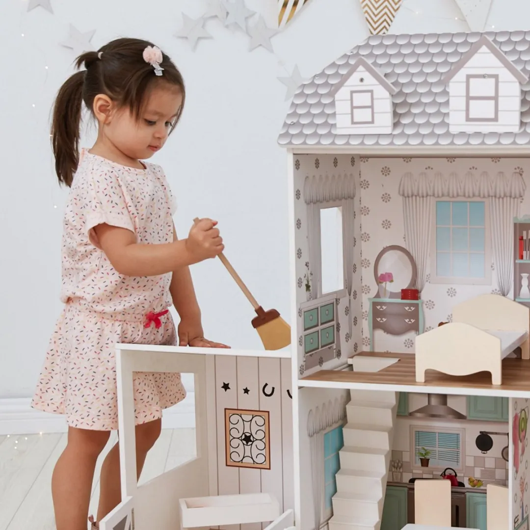 Teamson Kids Houten Poppenhuis Wit/Grijs - 14 Meubels