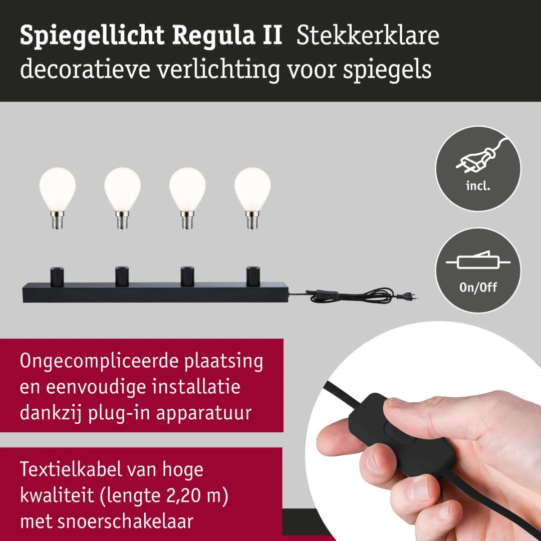 Paulmann Regula II LED-spiegellamp 4-vlammig - 4x470lm - Zwart/Opaal
