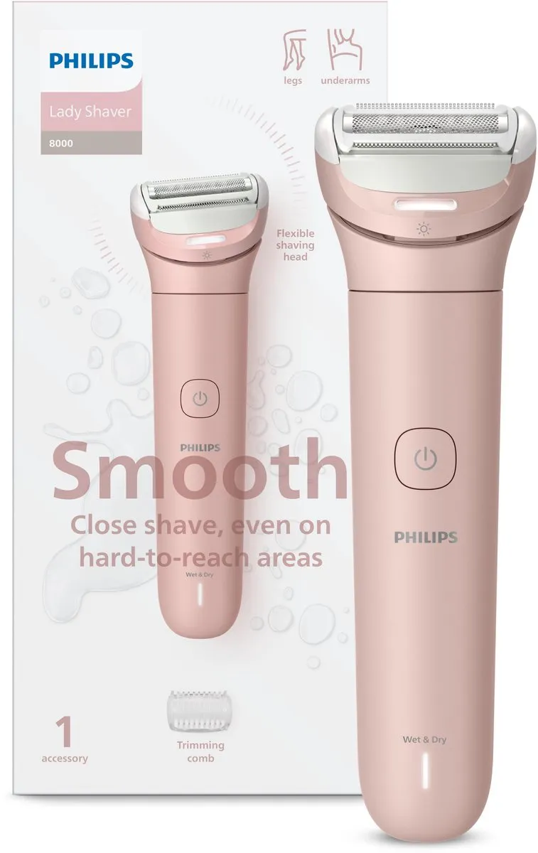 Philips Series 8000 Ladyshave | Een gladde scheerbeurt, zelfs op moeilijk bereikbare plekken | Met ingebouwd LED-lampje, 2 snelheidsstanden en 1 accessoire | Pink | BRL129/00