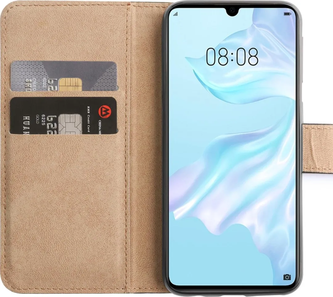BMAX Leren Book Case Hoesje Huawei P30 - 2 Pasjes - Zwart