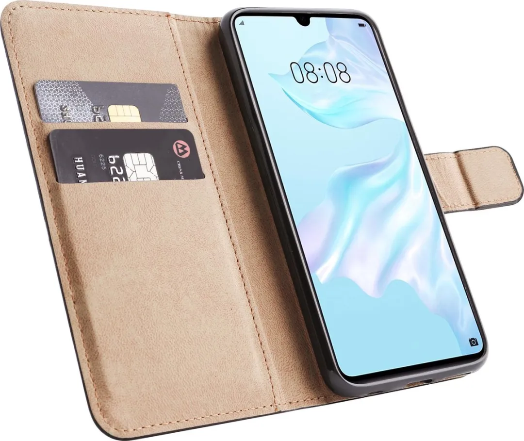 BMAX Leren Book Case Hoesje Huawei P30 - 2 Pasjes - Zwart