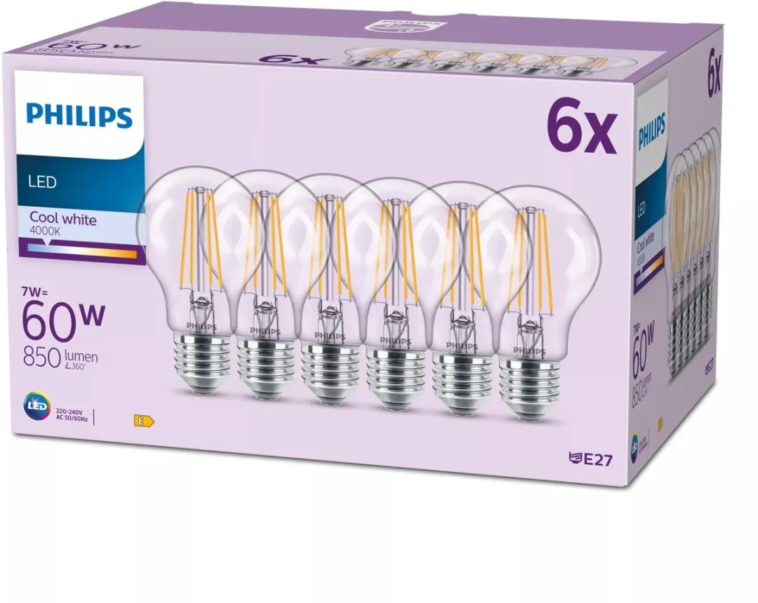 Philips LED Lamp Transparant 7W E27 Koelwit - 6 Stuks