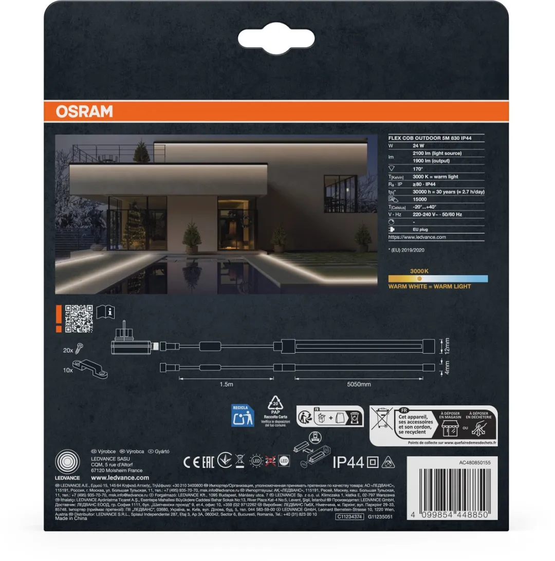 Osram Flex COB Outdoor LED Strip 5m - 22W 800lm 3000K IP44