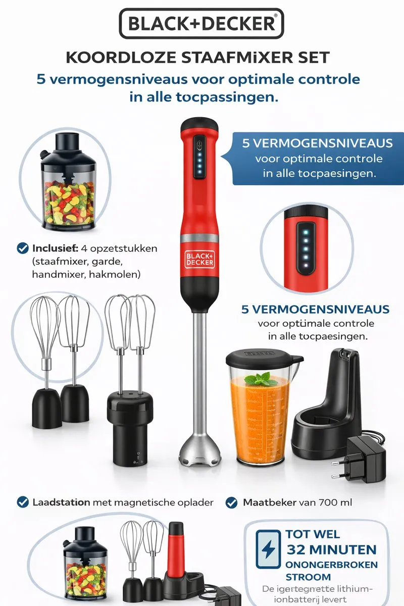 BLACK+DECKER BCKM1014KR Draadloze Staafmixer - 5 Snelheden - Rood