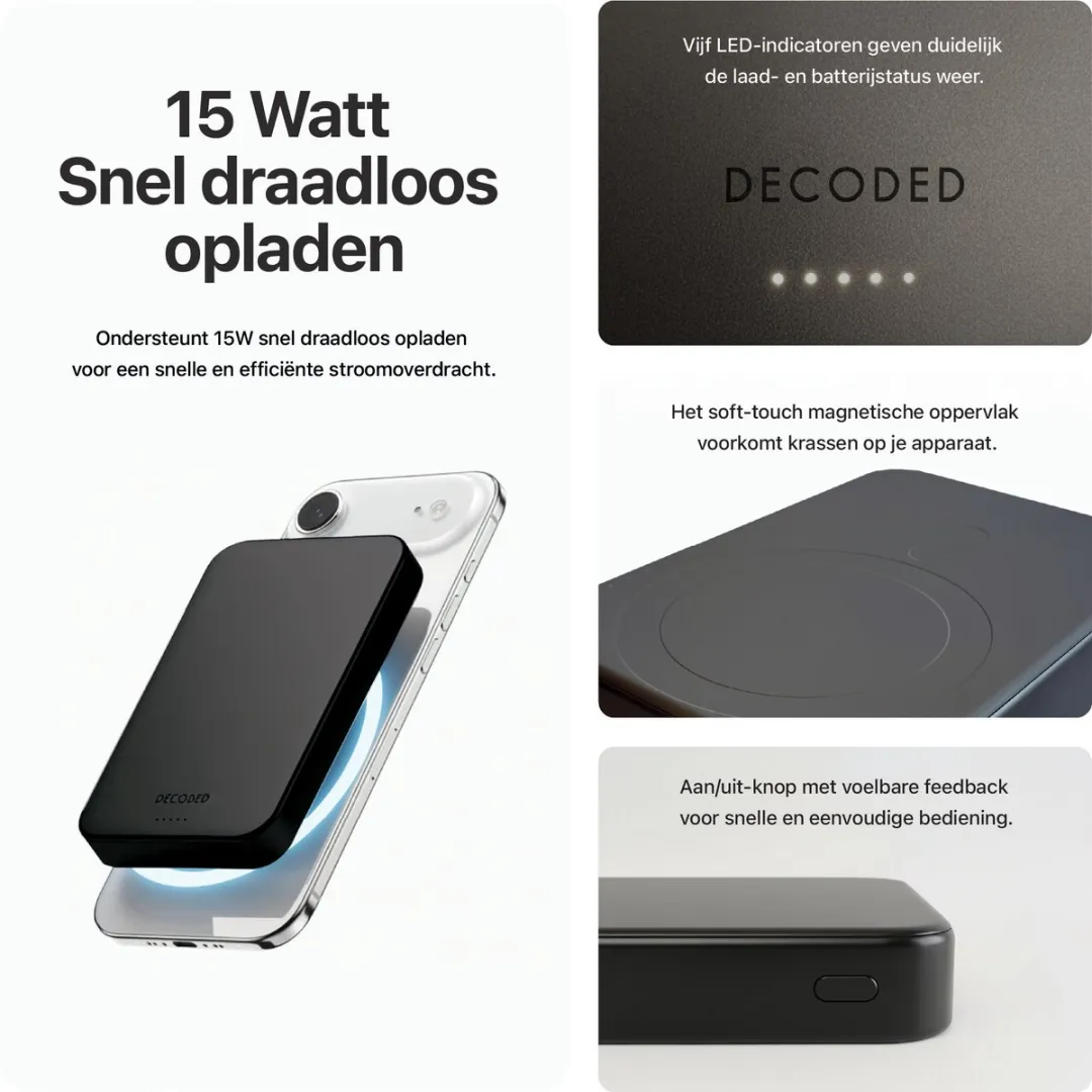 Decoded Slim Mag Powerbank 10.000mAh - MagSafe & Qi2 - Zwart