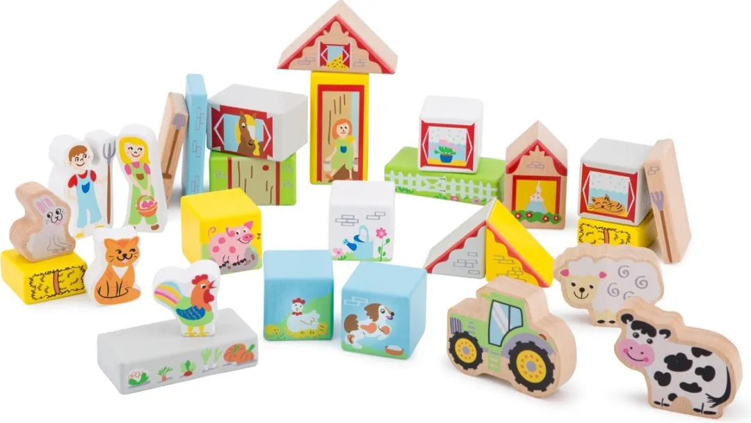 New Classic Toys Houten Blokken Boerderij - 27 Stuks - Multicolor