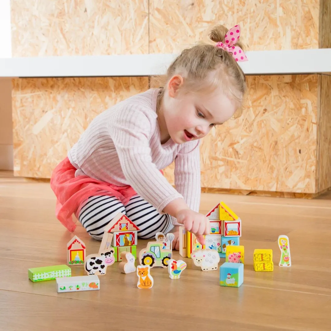 New Classic Toys Houten Blokken Boerderij - 27 Stuks - Multicolor