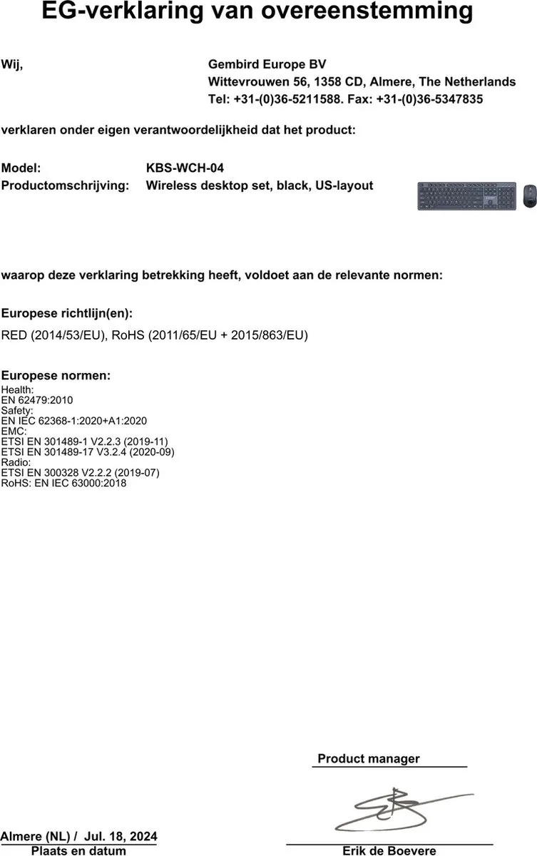 Gembird KBS-WCH-04 Draadloze Desktopset - US-layout - Zwart