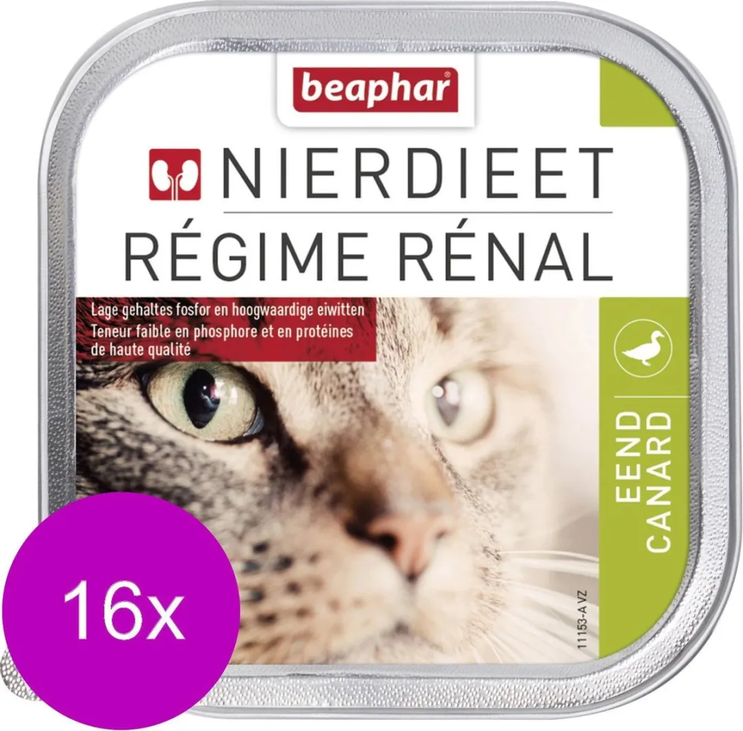 Beaphar Nierdieet Kattenvoer Nat Eend 100g - 16 Stuks