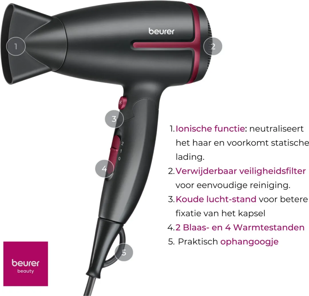 Beurer HC 25 Limited Edition Reisföhn - 1600W - Zwart/Bordeauxrood