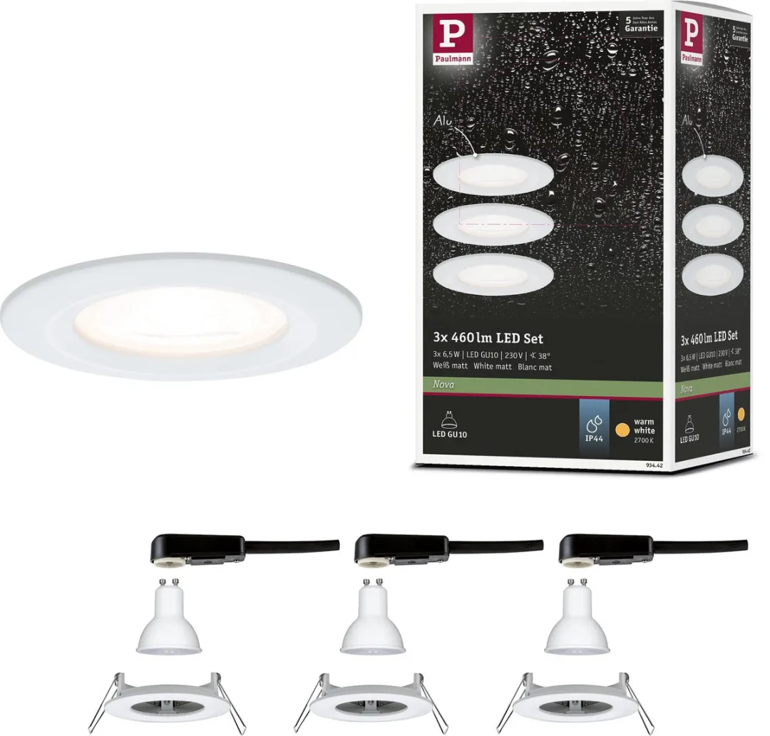 Paulmann Nova Basisset LED-inbouwlamp 3x6,5W 460lm 2700K - 78mm - IP44