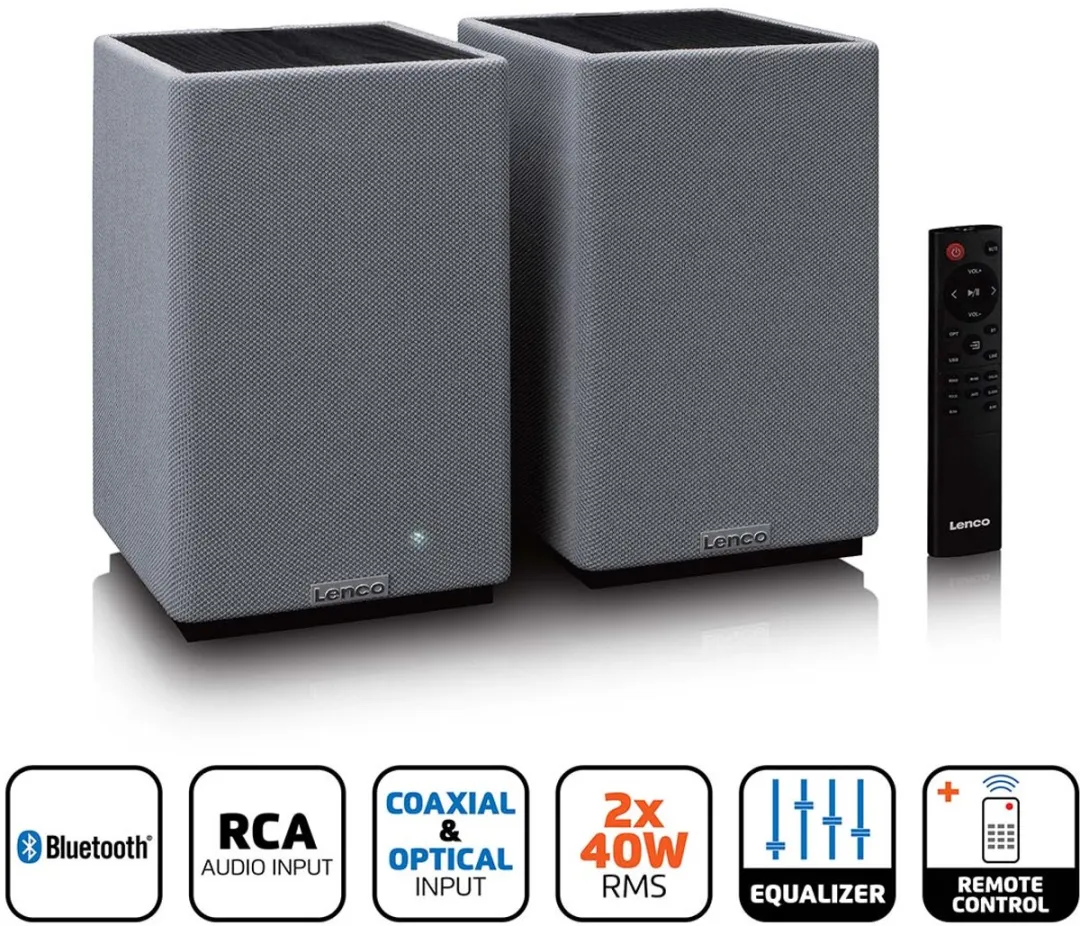 Lenco SPB-240BKGY Boekenplankluidsprekers - 80W - 2 Stuks - Zwart/Grijs