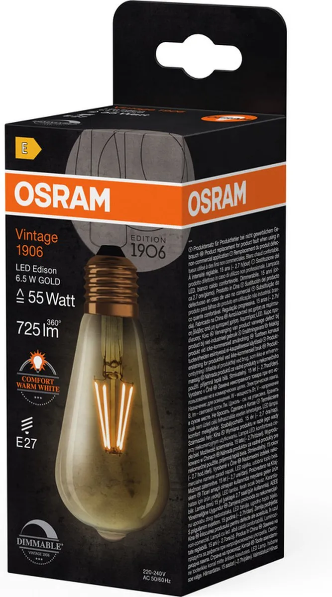 Osram Vintage 1906 LED E27 6.5W 725lm - Zeer Warm Wit 2400K - afbeelding 6 van 6