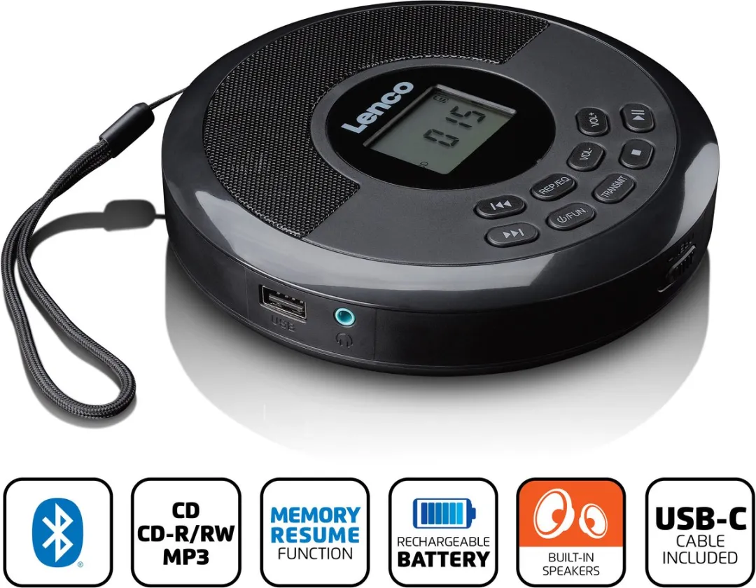 Lenco CD-340BK Discman - Draagbare CD en MP3-speler met Bluetooth (In/Out) en ingebouwde Speakers - Anti Shock - Zwart