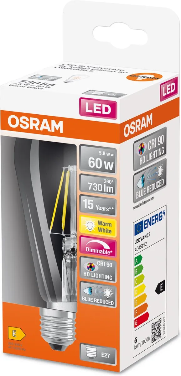 Osram Superstar LED Lamp E27 5.8W 73lm Warm Wit - CRI90