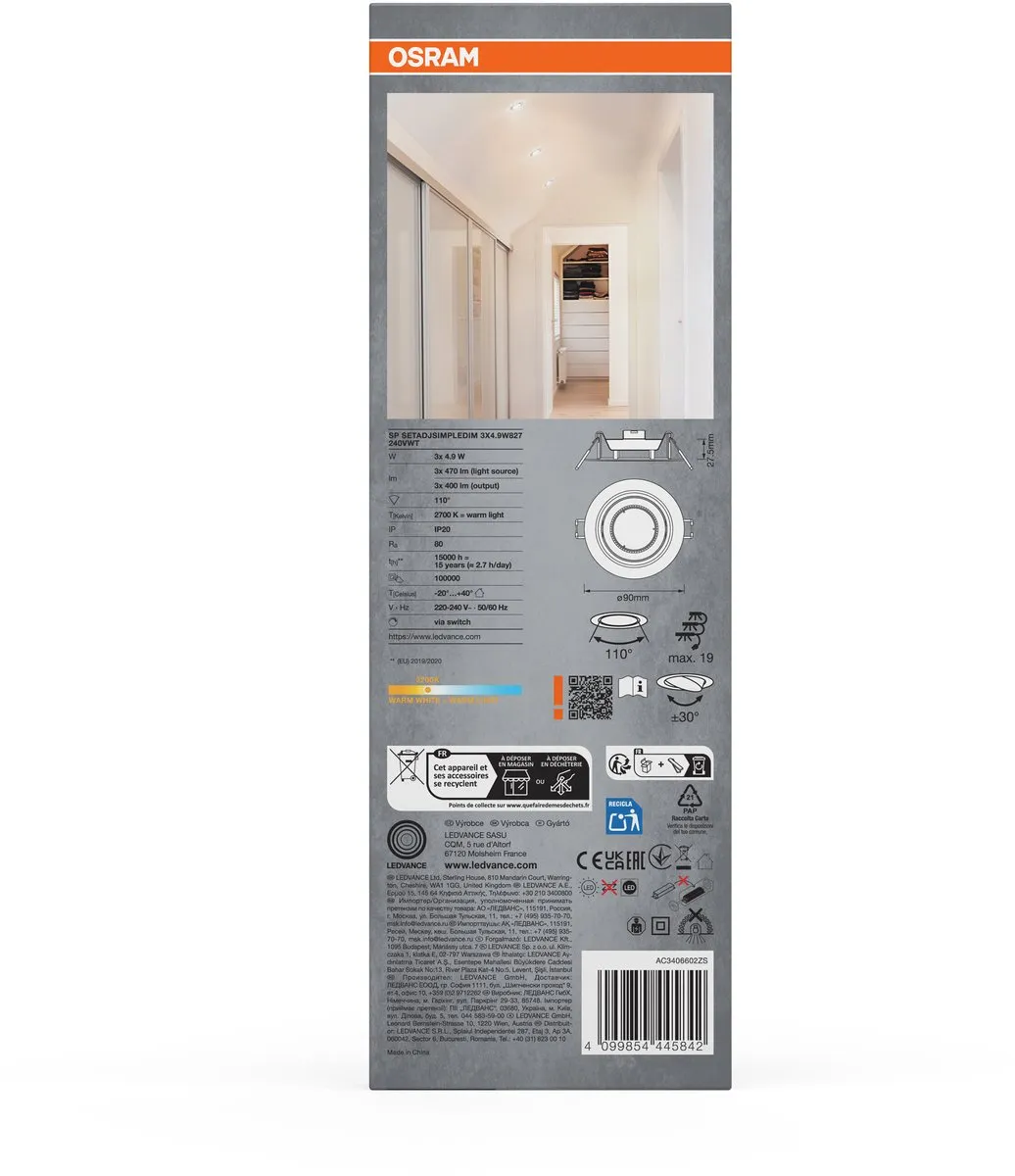 Osram Spot Set Adj Simple Dim 3x4.9W 2700K - 3 Stuks