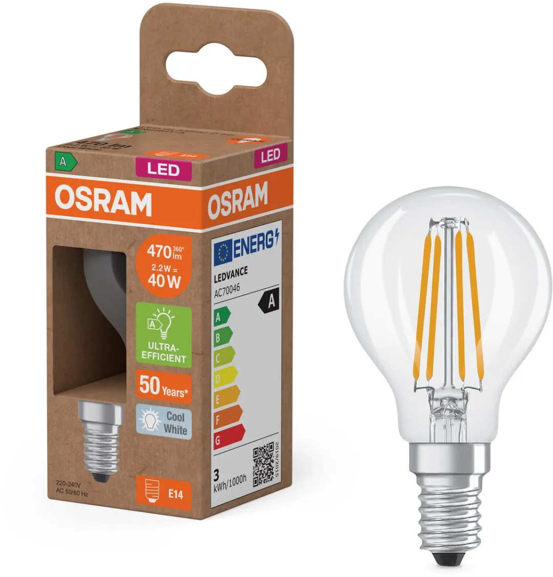 Osram Classic LED E14 Kogel Filament 2.2W 470lm - Koel wit