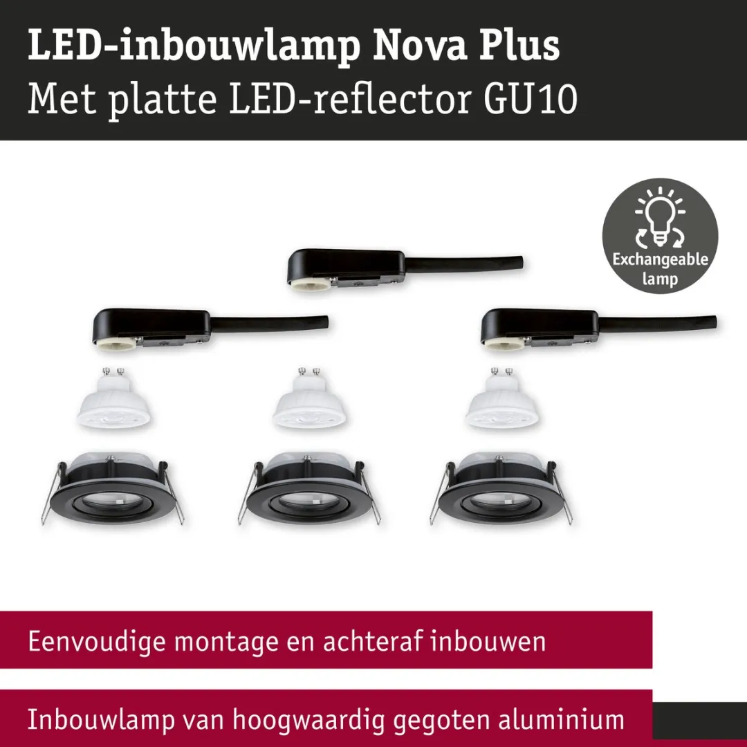 Paulmann Nova Plus LED-inbouwlamp GU10 3x4,9W 550lm 2700K - Zwart mat - afbeelding 6 van 6